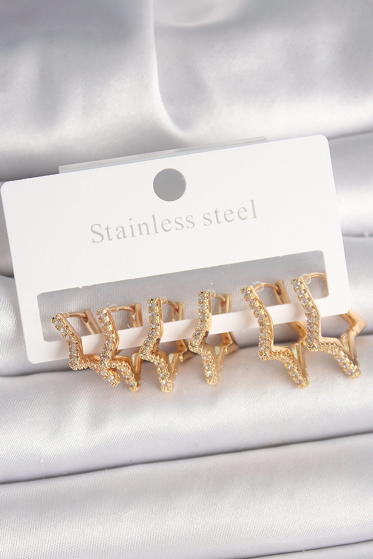 Pirinç Gold Renk Zirkon Taşlı 3 Çift Yıldız Model Kadın Küpe