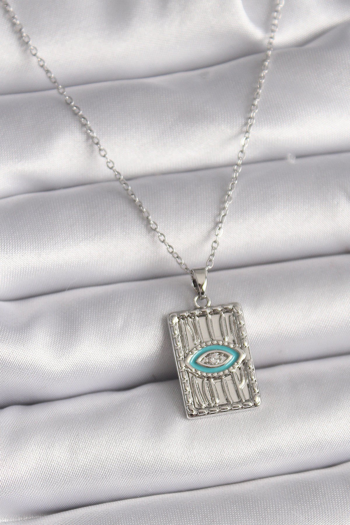 Gümüş Zincir Göz İşlemeli Madalyon Kolye - 316L Çelik