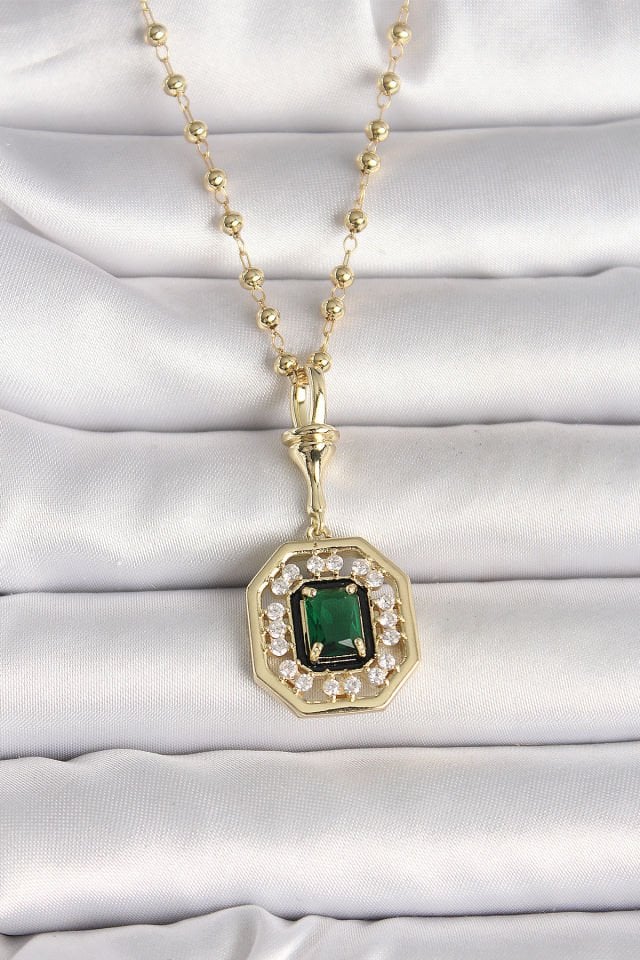 316L Çelik Gold Renk Topçuk Zincir Yeşil Taşlı Seranay Model Kadın Kolye