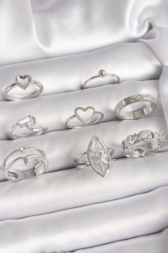 Pirinç Gümüş Renk Zirkon Taşlı Kalp Kutup Yıldız Figür Kadın Yüzük Kombini